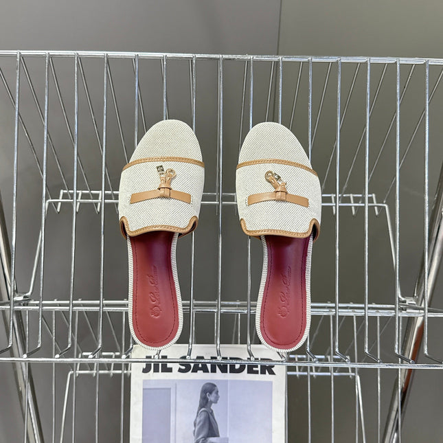 LP 26S SLIDES IN BEIGE CANVAS AND BROWN CALFSKIN