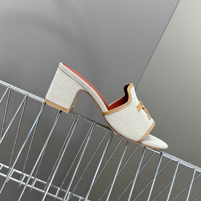 LP 26S HIGH HEEL SANDALS IN BEIGE CANVAS AND BROWN CALFSKIN