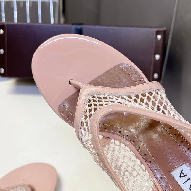 ALAIA 26S MESH THONG HEELS 55 MM IN PALE PINK PATENT CALFSKIN