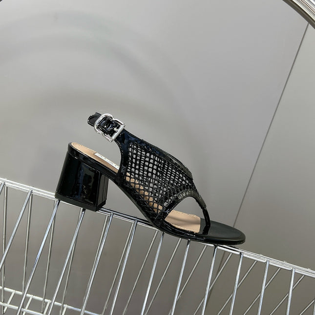 ALAIA 26S MESH THONG HEELS 55 MM IN BLACK PATENT CALFSKIN