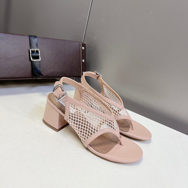ALAIA 26S MESH THONG HEELS 55 MM IN PALE PINK PATENT CALFSKIN