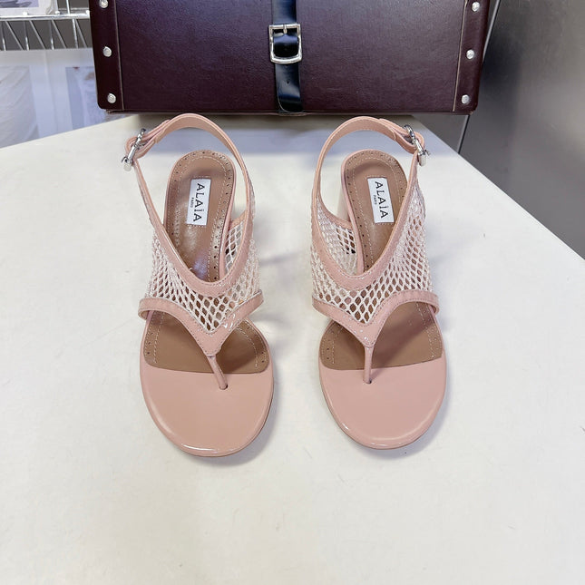ALAIA 26S MESH THONG HEELS 55 MM IN PALE PINK PATENT CALFSKIN
