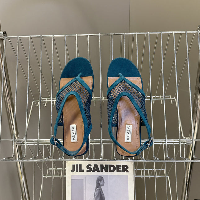 ALAIA 26S FLAT MESH THONG SANDALS IN PETROL BLUE SUEDE