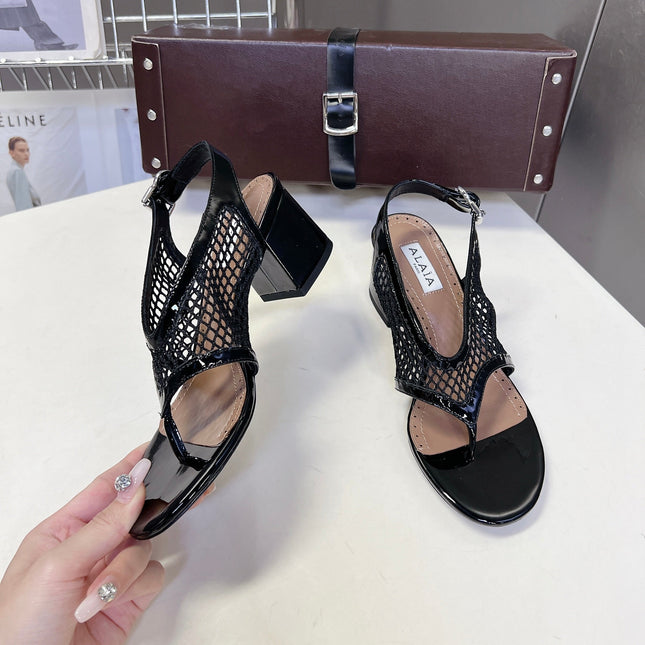 ALAIA 26S MESH THONG HEELS 55 MM IN BLACK PATENT CALFSKIN