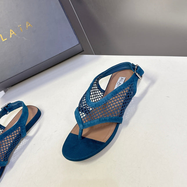 ALAIA 26S FLAT MESH THONG SANDALS IN PETROL BLUE SUEDE