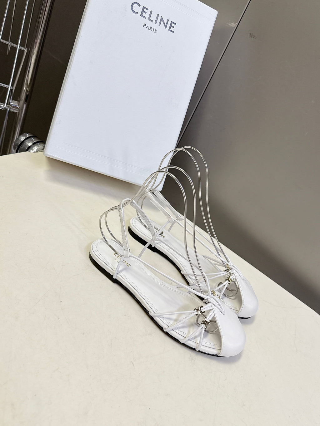 CELINE 26S TRIOMPHE LACE UP ANKLE STRAP FLAT SANDALS IN WHITE CALFSKIN