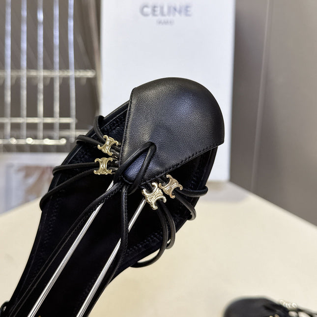 CELINE 26S TRIOMPHE LACE UP ANKLE STRAP FLAT SANDALS IN BLACK CALFSKIN
