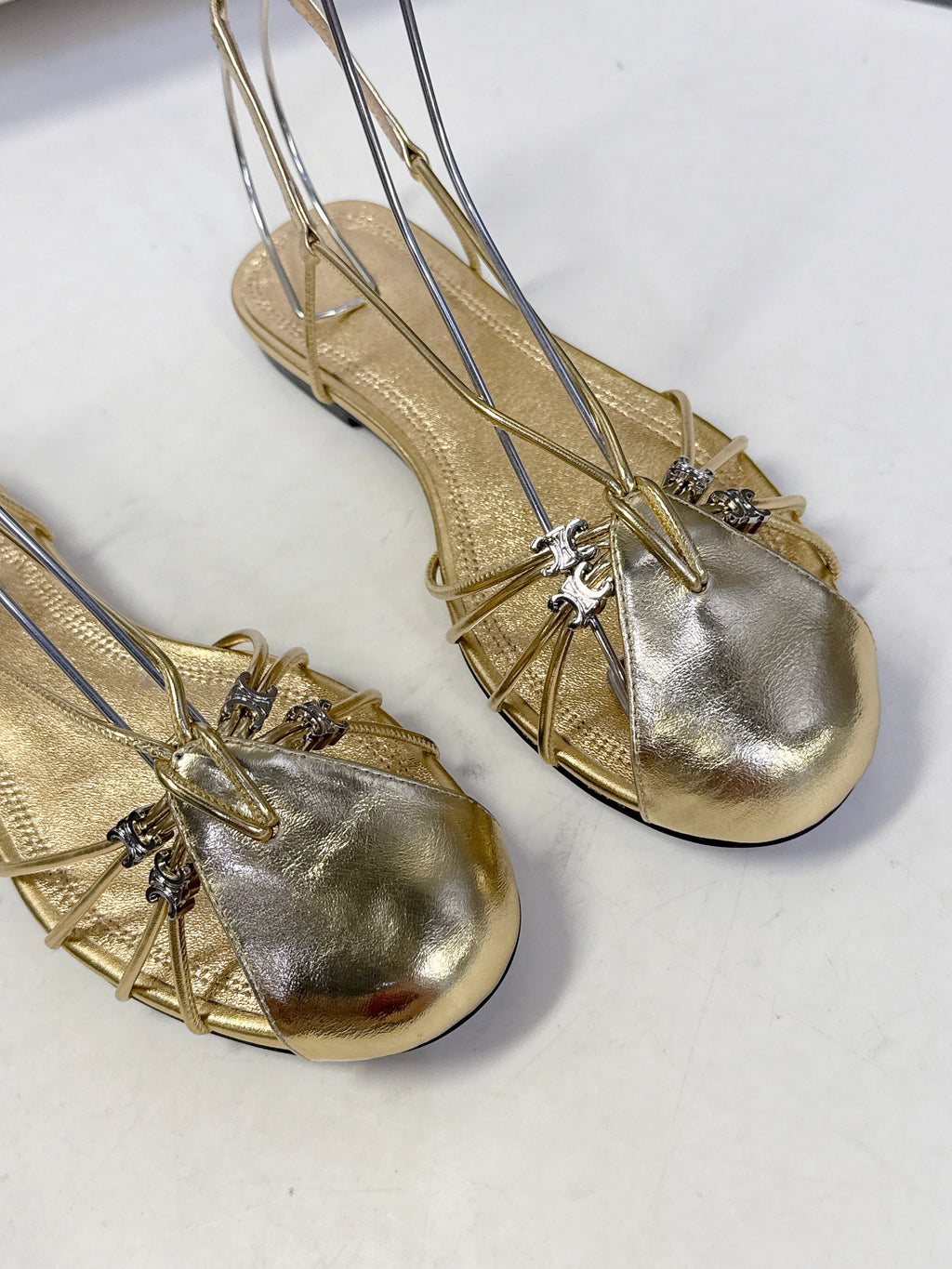 CELINE 26S TRIOMPHE LACE UP ANKLE STRAP FLAT SANDALS IN GOLD CALFSKIN