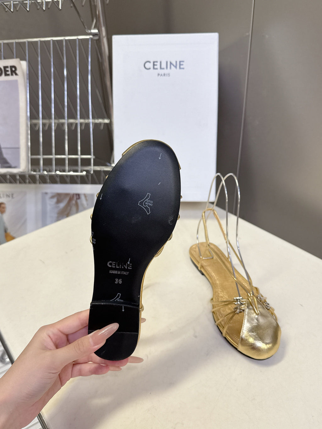 CELINE 26S TRIOMPHE LACE UP ANKLE STRAP FLAT SANDALS IN GOLD CALFSKIN