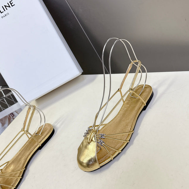 CELINE 26S TRIOMPHE LACE UP ANKLE STRAP FLAT SANDALS IN GOLD CALFSKIN
