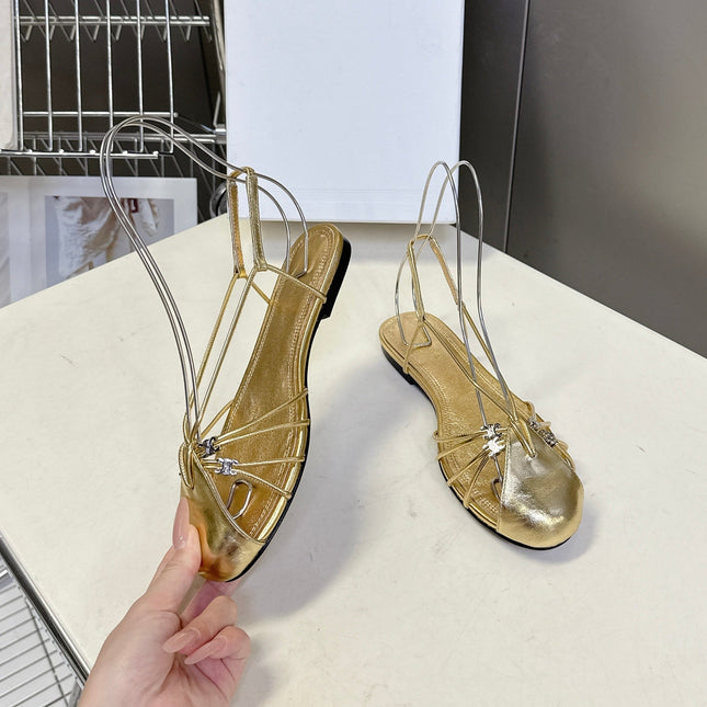 CELINE 26S TRIOMPHE LACE UP ANKLE STRAP FLAT SANDALS IN GOLD CALFSKIN