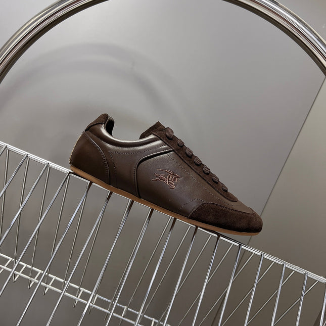 BURBERRY 26S LOW TOP SNEAKERS IN DARK BROWN CALFSKIN AND SUEDE