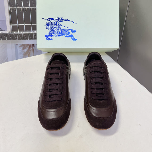 BURBERRY 26S LOW TOP SNEAKERS IN DARK BROWN CALFSKIN AND SUEDE