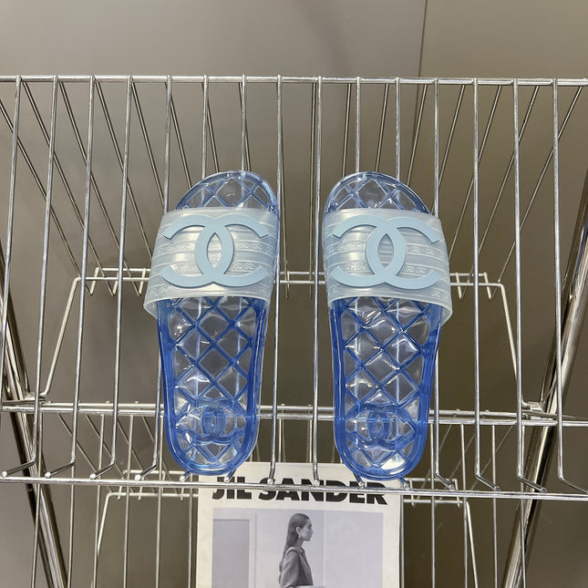 CHANEL 26S SLIDES IN BLUE PVC