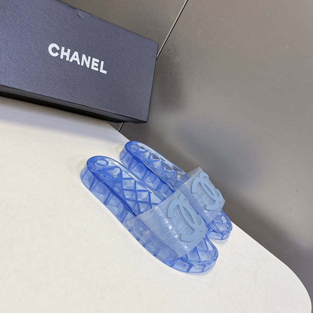 CHANEL 26S SLIDES IN BLUE PVC