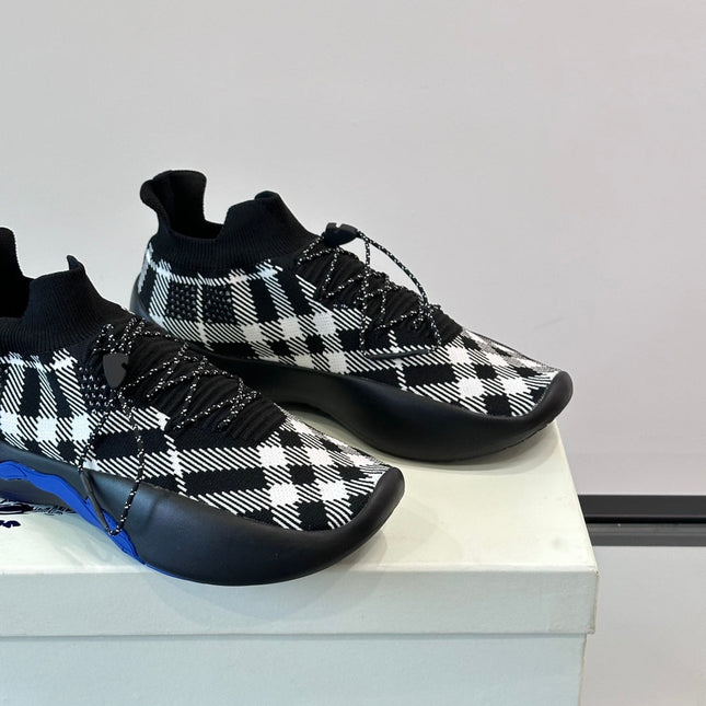 BURBERRY 26S CHECK KNIT SOCK SNEAKERS IN BLACK AND WHITE FABRIC