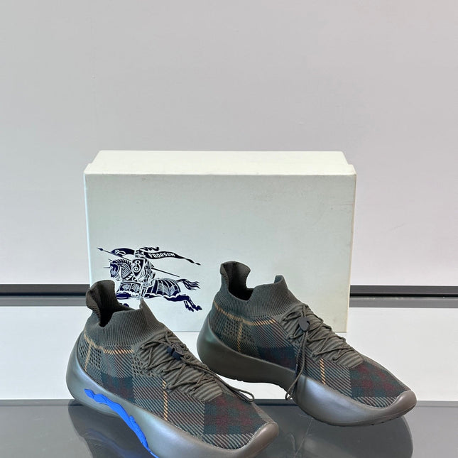 BURBERRY 26S CHECK KNIT SOCK SNEAKERS IN DARK OLIVE GREY FABRIC