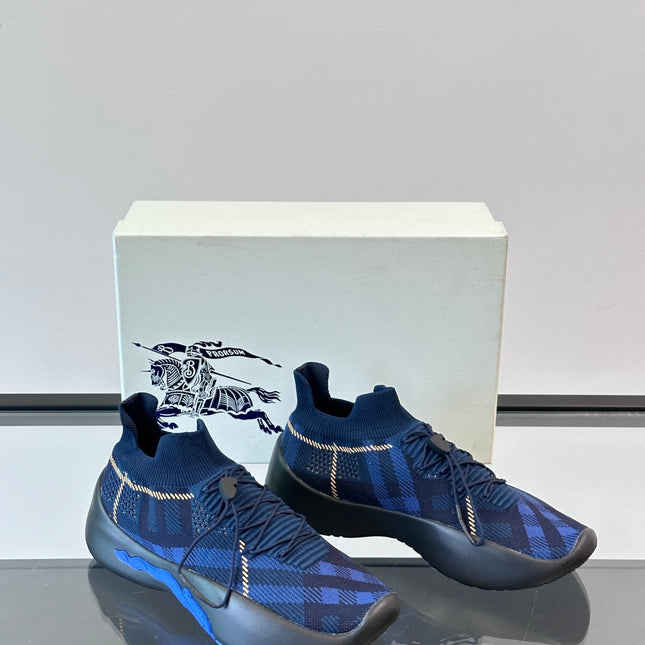 BURBERRY 26S CHECK KNIT SOCK SNEAKERS IN NAVY BLUE FABRIC
