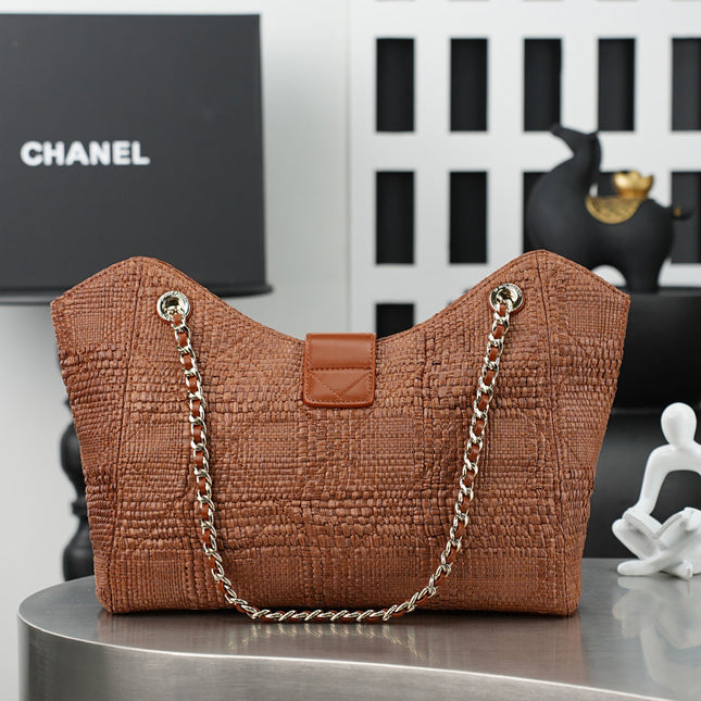 CHANEL 25S SHOULDER BAG 32 IN CARAMEL BROWN RAFFIA AND CALFSKIN GOLD HARDWARE