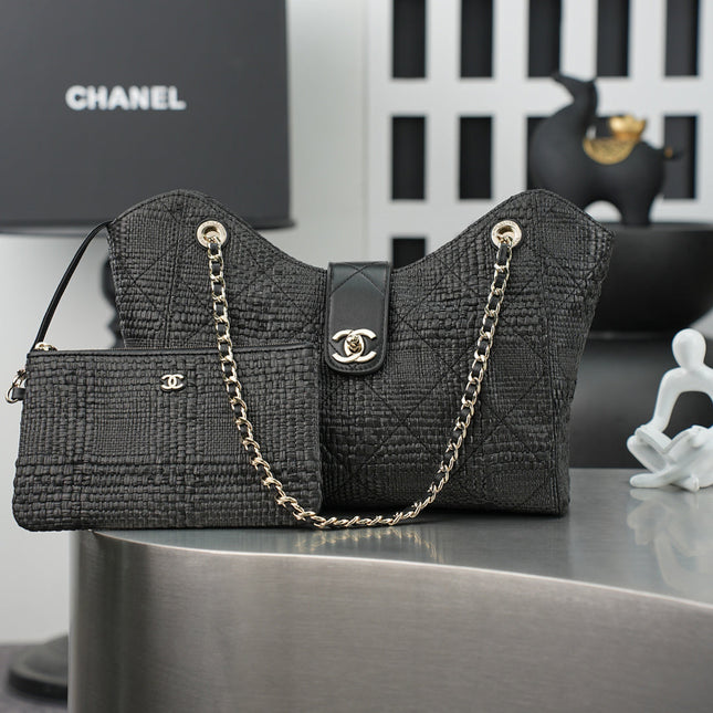 CHANEL 25S SHOULDER BAG 32 IN BLACK RAFFIA AND CALFSKIN GOLD HARDWARE