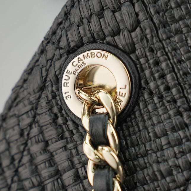 CHANEL 25S SHOULDER BAG 32 IN BLACK RAFFIA AND CALFSKIN GOLD HARDWARE