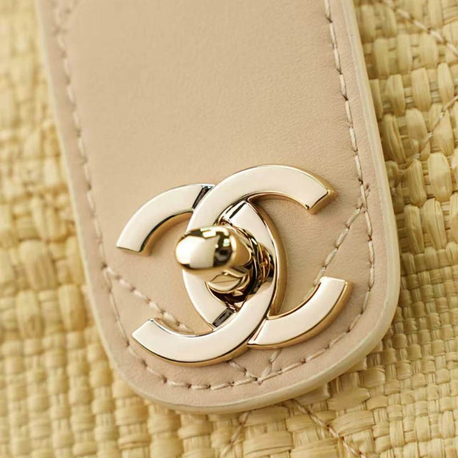 CHANEL 25S SHOULDER BAG 32 IN NATURAL RAFFIA AND CALFSKIN GOLD HARDWARE