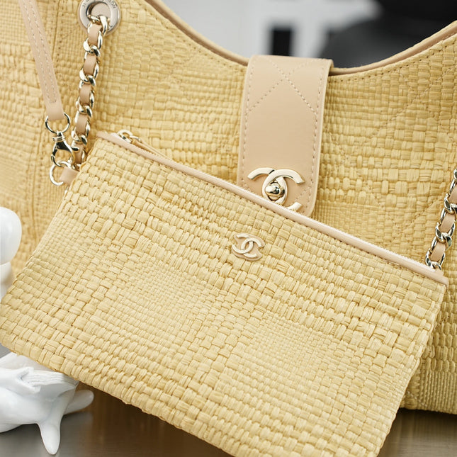 CHANEL 25S SHOULDER BAG 32 IN NATURAL RAFFIA AND CALFSKIN GOLD HARDWARE