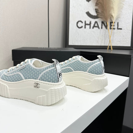 CHANEL 26S CHUNKY SNEAKERS IN LIGHT BLUE CHECKERED WOVEN FABRIC