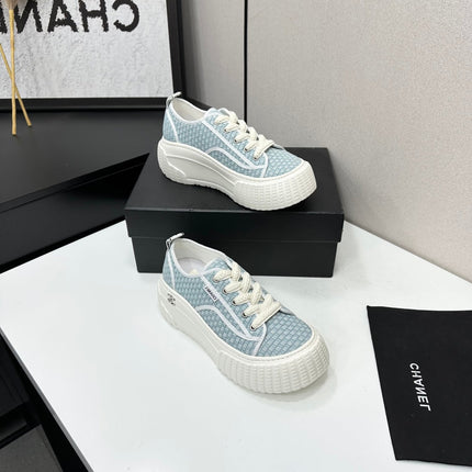 CHANEL 26S CHUNKY SNEAKERS IN LIGHT BLUE CHECKERED WOVEN FABRIC