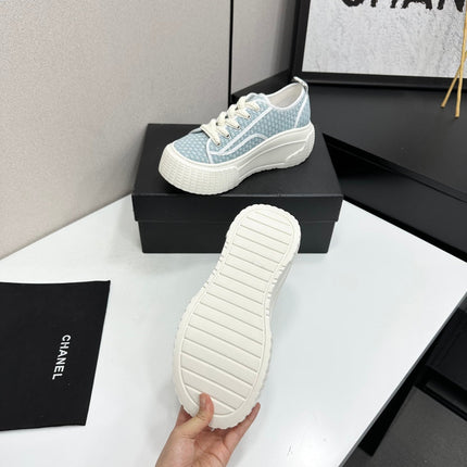 CHANEL 26S CHUNKY SNEAKERS IN LIGHT BLUE CHECKERED WOVEN FABRIC