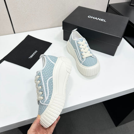 CHANEL 26S CHUNKY SNEAKERS IN LIGHT BLUE CHECKERED WOVEN FABRIC