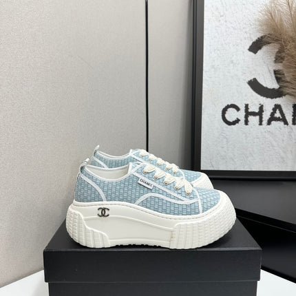 CHANEL 26S CHUNKY SNEAKERS IN LIGHT BLUE CHECKERED WOVEN FABRIC