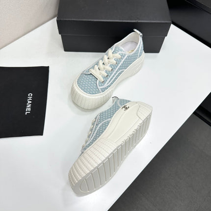 CHANEL 26S CHUNKY SNEAKERS IN LIGHT BLUE CHECKERED WOVEN FABRIC
