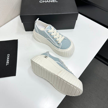 CHANEL 26S CHUNKY SNEAKERS IN LIGHT BLUE CHECKERED WOVEN FABRIC