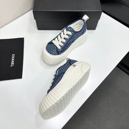 CHANEL 26S CHUNKY SNEAKERS IN NAVY BLUE CHECKERED WOVEN FABRIC