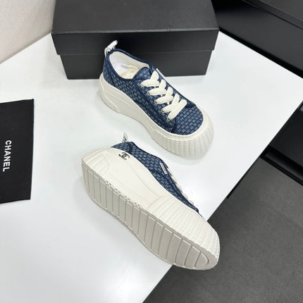 CHANEL 26S CHUNKY SNEAKERS IN NAVY BLUE CHECKERED WOVEN FABRIC