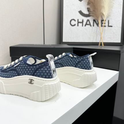 CHANEL 26S CHUNKY SNEAKERS IN NAVY BLUE CHECKERED WOVEN FABRIC