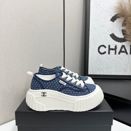 CHANEL 26S CHUNKY SNEAKERS IN NAVY BLUE CHECKERED WOVEN FABRIC