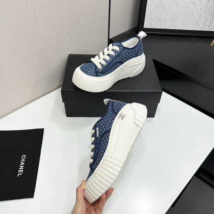 CHANEL 26S CHUNKY SNEAKERS IN NAVY BLUE CHECKERED WOVEN FABRIC