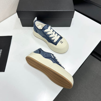 CHANEL 26S PLATFORM SNEAKERS IN NAVY BLUE CHECKERED WOVEN DENIM FABRIC