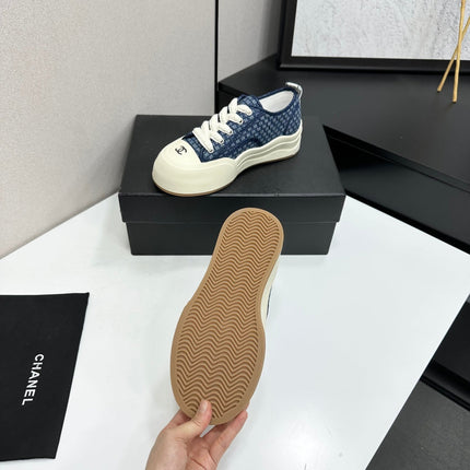CHANEL 26S PLATFORM SNEAKERS IN NAVY BLUE CHECKERED WOVEN DENIM FABRIC