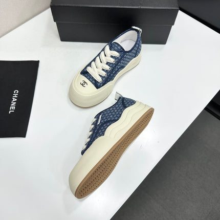 CHANEL 26S PLATFORM SNEAKERS IN NAVY BLUE CHECKERED WOVEN DENIM FABRIC