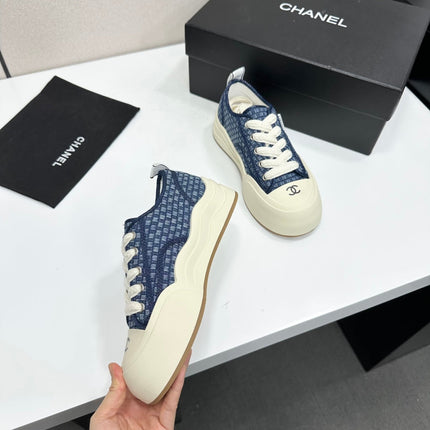 CHANEL 26S PLATFORM SNEAKERS IN NAVY BLUE CHECKERED WOVEN DENIM FABRIC