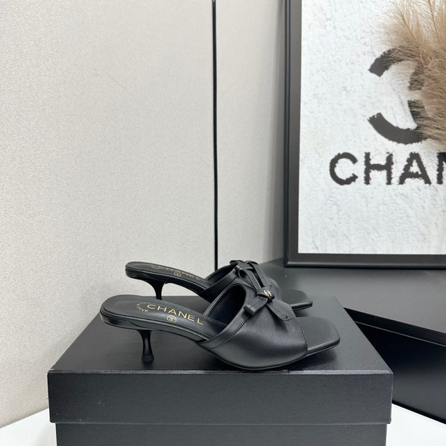 CHANEL 26S HIGH HEEL MULE SANDALS 50 MM IN BLACK LAMBSKIN WITH BOW DETAIL