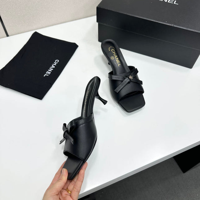 CHANEL 26S HIGH HEEL MULE SANDALS 50 MM IN BLACK LAMBSKIN WITH BOW DETAIL