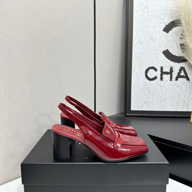 CHANEL 26S SLINGBACK LOAFER PUMPS IN DARK RED PATENT CALFSKIN