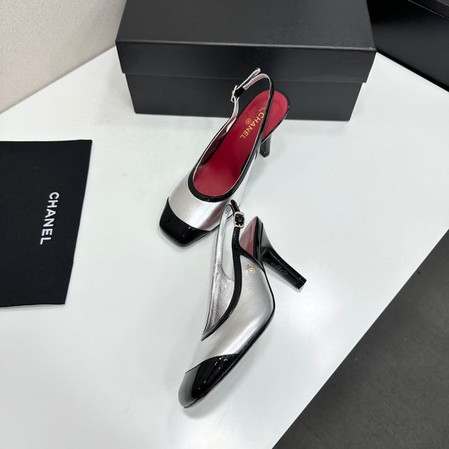 CHANEL 26S HIGH HEEL SLINGBACK IN SILVER LAMBSKIN AND BLACK PATENT CALFSKIN
