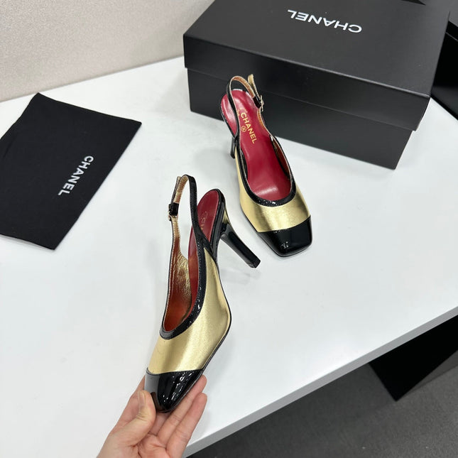 CHANEL 26S HIGH HEEL SLINGBACK IN GOLD LAMBSKIN AND BLACK PATENT CALFSKIN