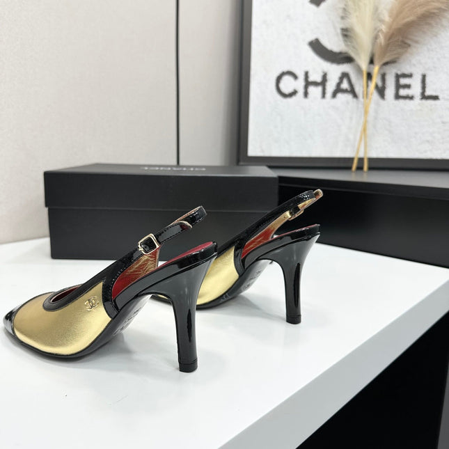 CHANEL 26S HIGH HEEL SLINGBACK IN GOLD LAMBSKIN AND BLACK PATENT CALFSKIN