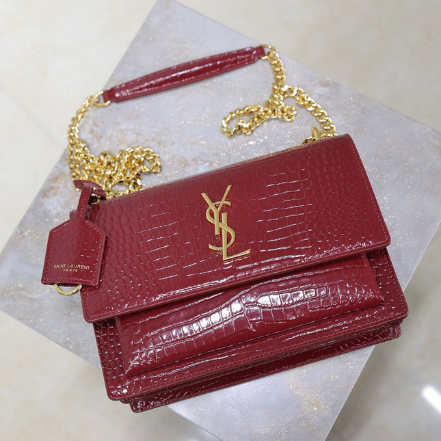 YSL 25S SUNSET MEDIUM 22 IN CRIMSON RED CROCODILE-EMBOSSED CALFSKIN GOLD HARDWARE